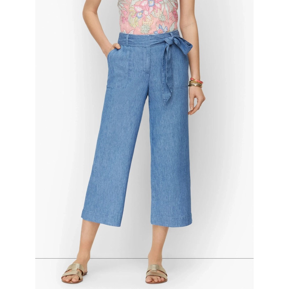 Talbots Linen Blend Chambray Tie-Waist Wide-Leg Cropped Pants Blue 2P 2 Petite - Picture 10 of 11
